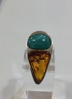 Natural Amber Turquoise 925 adjustable ring