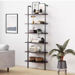 Wood 6-Shelf Tall Ladder Bookcase Wall Mount Bookshelf