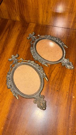 Pair of Vintage Italian Ornate Brass Frame Pictures Oval (Made in Italy)