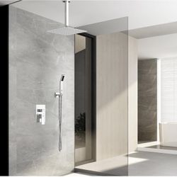 SR Sun Rise 12 Inch Ceiling Mounted Shower System Rain Mixer Combo Set Rainfall Shower Head System Faucet Trim Repair Kits Polished Chrome Rough-in Va