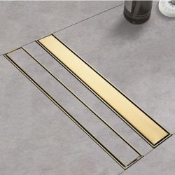 (Brand New in Box)  Linear Shower Drain ，with Tile Insert Panels ，28 Inch Brushed Gold 304 Stainless Steel Rectangle Shower Floor Drain，with Hair Catc