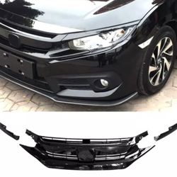 Fits 16-21 Honda Civic 10th OE Style Front Bumper Hood Grille Grill Gloss Black