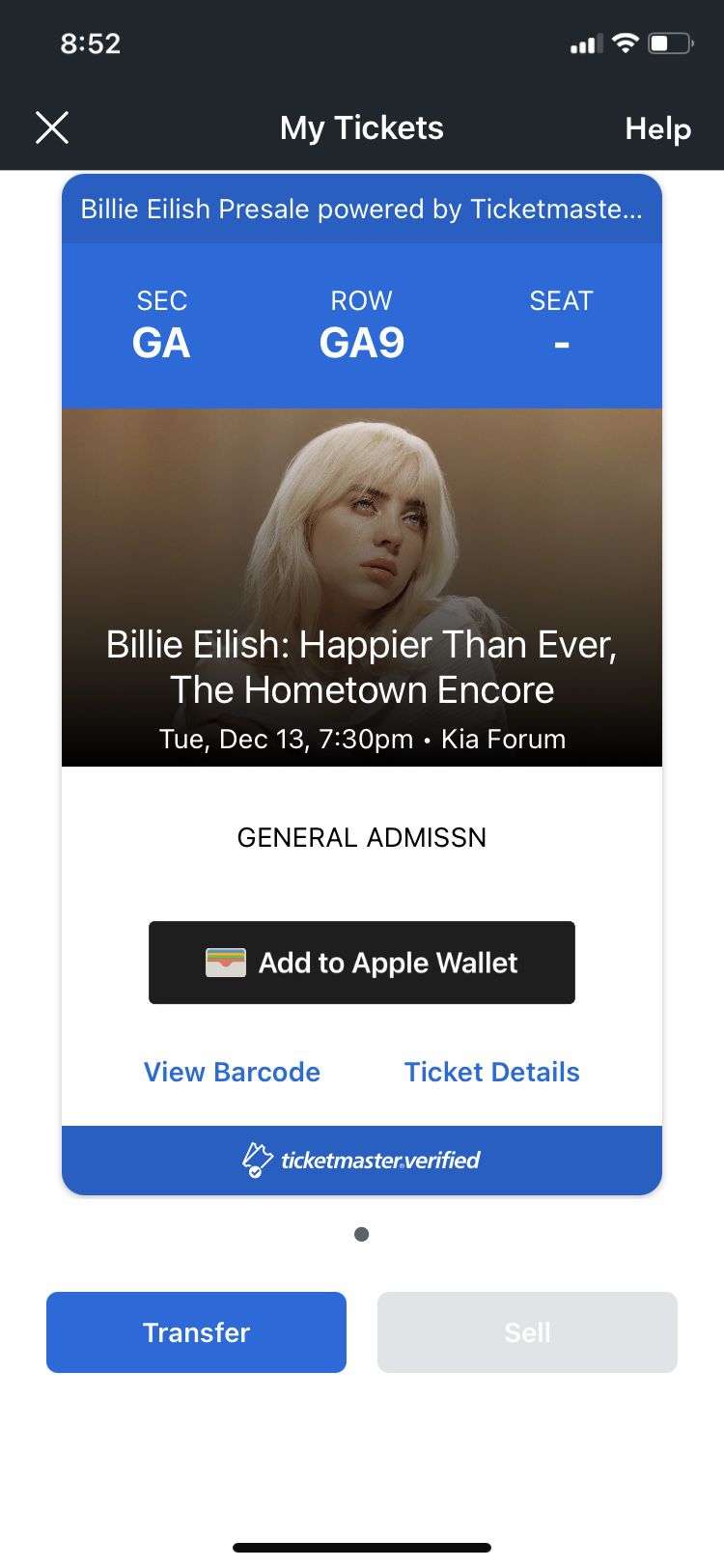 Billie Eilish, GA Floor, Dec. 13th, Kia Forum, $150