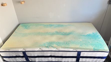 Twin XL mattress, bed frame; twin mattress topper