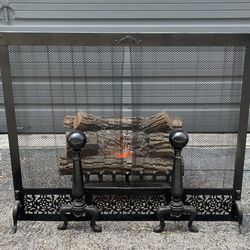 Fireplace Screen, Faux Electric Log, Grate & Andiron Pair