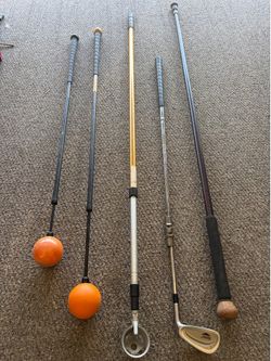 Golf Training Aids Bundle – Weighted Swing Trainers, Ball Retriever, Mizuno Iron & Chipper