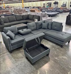 Linen sectional sofa with storage ottoman