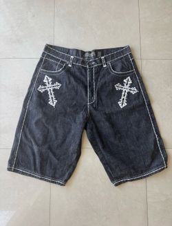 Vintage Y2K Direct Quote Embroidered Cross Fleur-de-Lis Denim Shorts Size 40