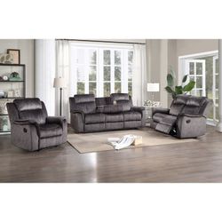 3PC DARK GRAY Breathable Fabric Manual Reclining Sofa Set