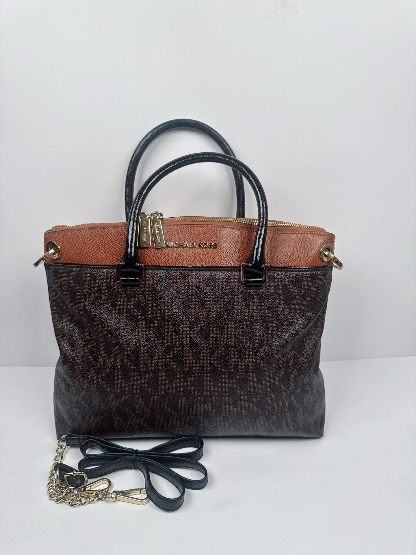 Michael Kors Aubrey Brown Leather MK Signature Satchel Bag