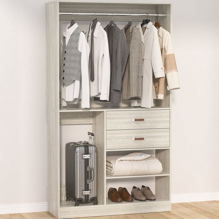 Freestanding Closet System with Suitcase Storage, 40 Inches Stand-Alone Wardrobe with 2 Wood Drawers, 80'' Height Adjustable Cloth Garment Rack, Walk-