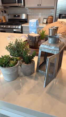 Set of 3 Mini Faux Succulent Planters and Tin candle Holder