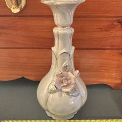 White Iridescent Bud Vase Thames Lusterware  with Pink Rose and Gold Trim Details 