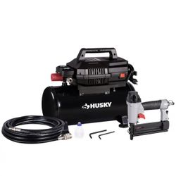 BRAND NEW IN BOX Husky 4 Gal. 175 PSI Electric Oil-Free High Performance Air Compressor with 25 ft. PVC Air Hose and 2-in-1 Brad Nailer/Stapler
