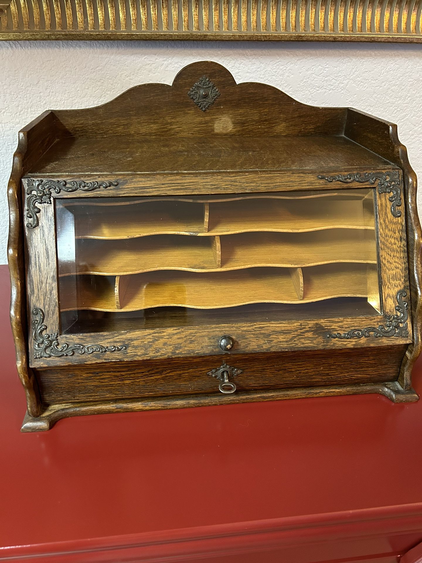 Desk- Antique Oak Stationary Letter Writing Cabinet