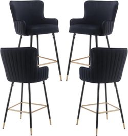 30" Black Bar Stools Set of 4, Velvet Upholstered Kitchen Island Bar stools with Wing Back, Mid Century Gold Bar Stools with Armrests and Footrest Hig