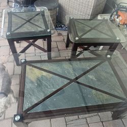 Coffee Tble And 2 END Tables Wooden Base Glass Tops
