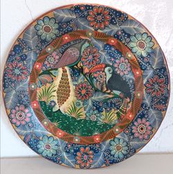 Hand Painted Mexican Folk Art Pottery Plate Featuring A Colorful Bird & Flowers 16" In Diameter.