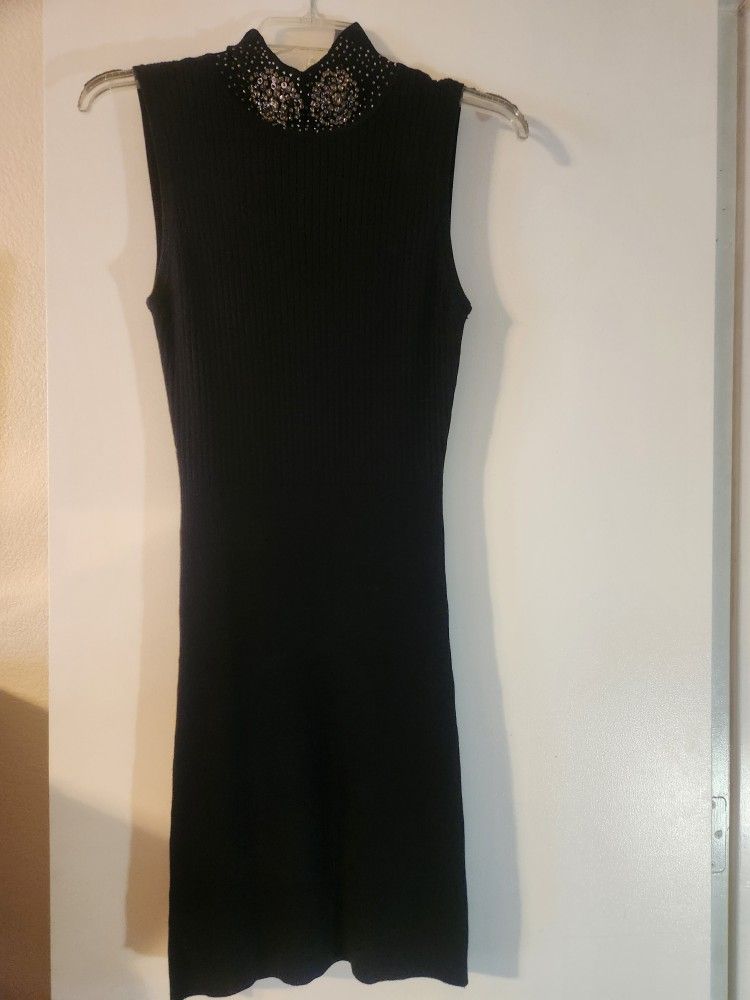 Nikibiki  Women's Size L Ribbed Sweater Dress With Rhinestone Collar - Black