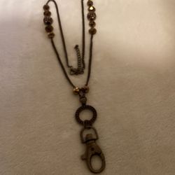 24”-30” Bronze Badge/key Chain Necklace With Gold Crystal Beads…ext