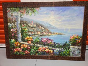 Large Framed Mediterranean Coastal Oil Painting