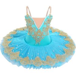 AFAVOM Swan Lake Ballerina Costume for Girls Camisole Skirted Leotard Sequin Ballet Dance Platter Tutu Dress for Performance
