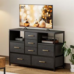 7 Drawers Dresser TV Stand, Organizer Storage Tower with Side Pockets & Storage Shelves, Black