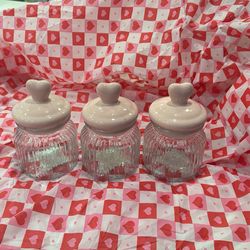 three Glass Jars With Ceramic, Baby Pink Heart Toppers