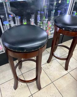 Pair of Black Leather Bar Stools with Wooden Legs