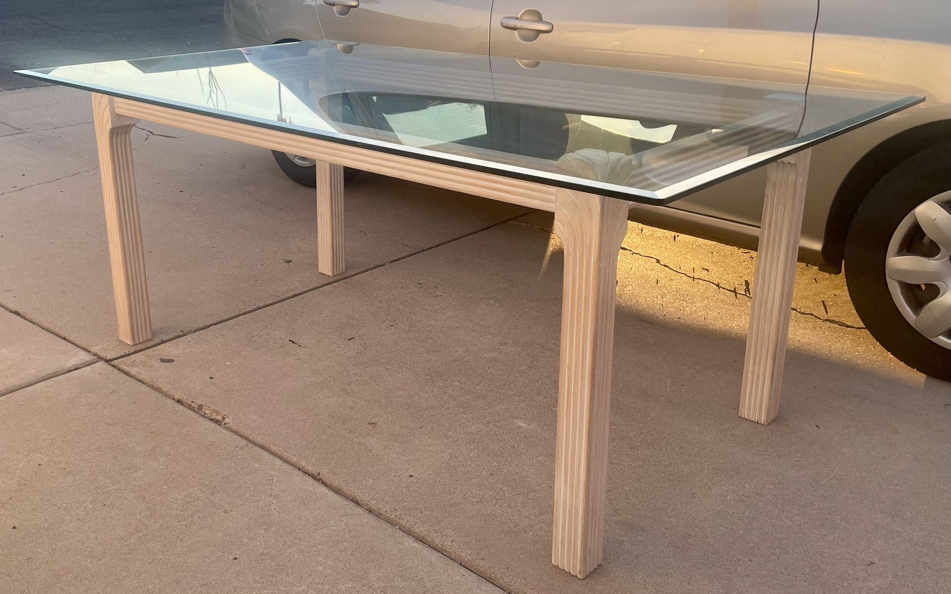 Gorgeous 72” Vintage Bleached Wood Pencil Reed Style Beveled Glass Dining Table