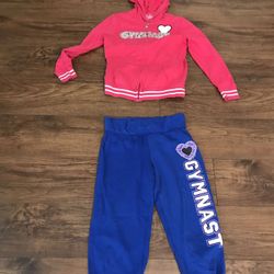 Justice gymnast sweat pants and hoodie, size 14, pink, blue