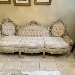 Luxury sofa, loveseat & chair including set of 3 white marble tables used good condition 