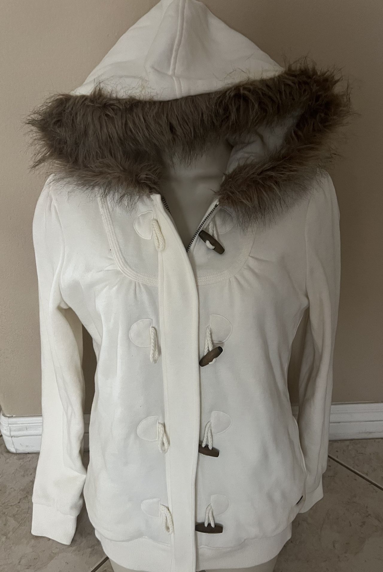 Roxy Beige Soft Fur Lined Hoodie Jacket Medium