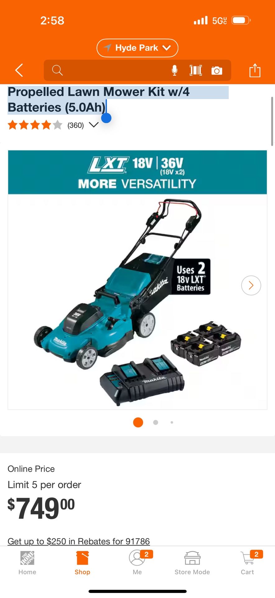 18V X2 (36V) LXT Lithium-Ion Cordless 21 in. Walk Behind Self-Propelled Lawn Mower Kit w/4 Batteries (5.0Ah)