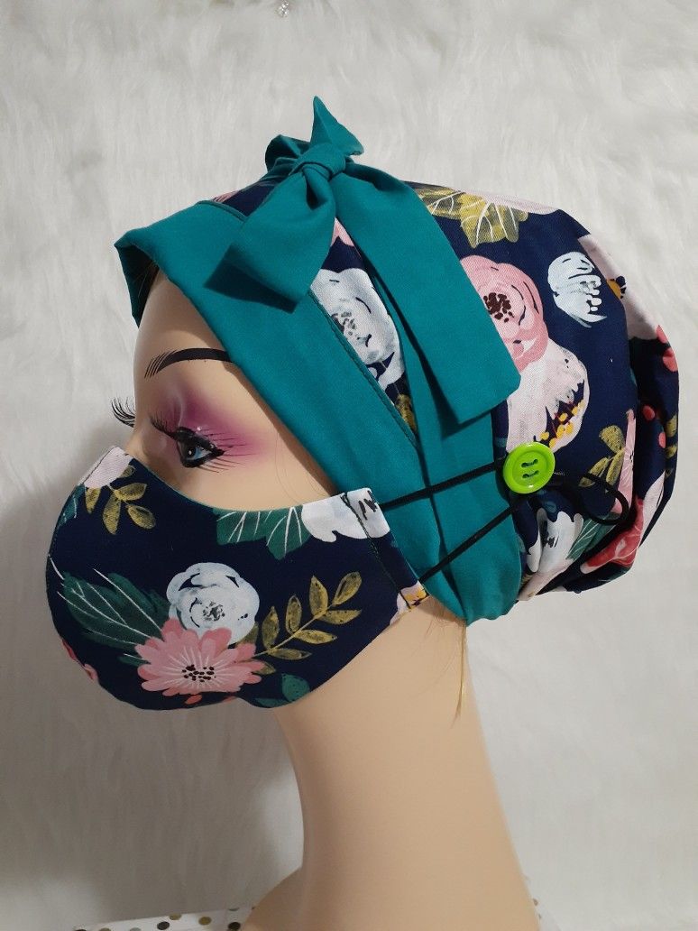 Floral Reversible Surgical Scrub Hat Set Doctor Nurse Chemo Chef Cotton Bouffant Head Wrap Made In USA 🇺🇸