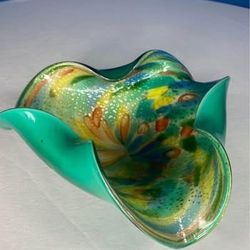 Hand Blown Art Glass Bowl With Leaf Motif And Gold Flecks