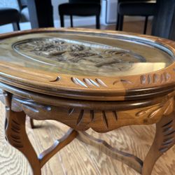 Antique Walnut Carved Side Table With Removable Glass Tray