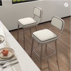 26" Counter Bar Stools, Metal Frame Bar Chairs with Lumbar Support, Modern Counter Height Stools with Footrest, White (Set of 2)