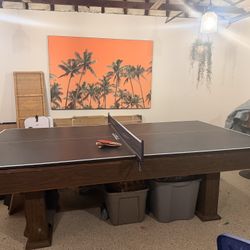 Vintage Brunswick Slate Pool Table Plus Ping Ping Table Top With Tons Of Balls, Sticks, Pool Table Cover, Holder For Sticks, 4 Paddles For Ping Pong