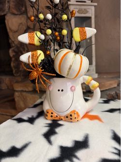Ht-11.5in width-9in HANDMADE artificial candy corn coffee cup/pumpkin/spider
