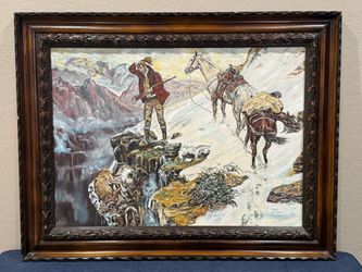 Intriguing 1982 Western Cowboy/Hunter Scene Oil Painting by Debbie Grimm