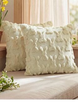 New set of 2 Rabbits Beige Throw Pillow Covers, 20 x 20 Inch Bunny Soft Plush Faux Fur