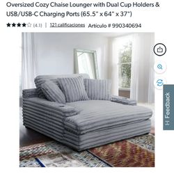Oversized Cozy Chaise Lounger with Dual Cup Holders & USB/USB-C Charging Ports (65.5" x 64" x 37") $490