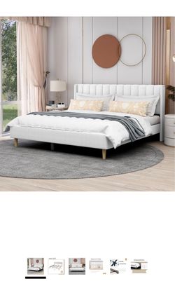 King Size Upholstered Platform Bed – White Linen – Like New