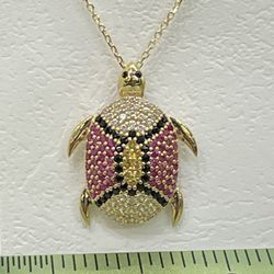 14K Solid Gold Turtle Charm & Chain CZ Available On Special Deal