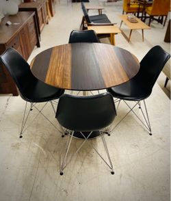 REFINISHED Round Wood Dining Table with Chrome Base + Four Eames Inspired Chairs