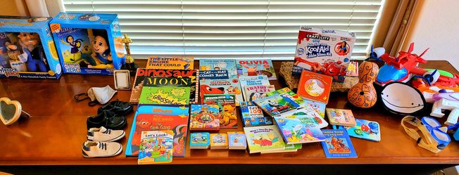Kids books, shoes, play toys