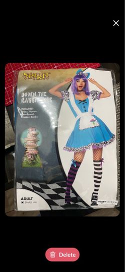 Based on the image provided, here is all the text printed on the costume packaging:    Brand / Title: Spirit – DOWN THE RABBIT HOLE    Includes:  Dres