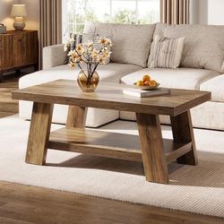 New in the box Tribesigns Farmhouse Coffee Table with Storage Shelf Rustic Brown Rectangular Wood Center Table for Living Room Sofa Area 2 Tiers Coffe