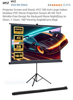 Projector Screen and Stand, HYZ 100 inch Large Indoor Outdoor PVC Movie Projection Screen 4K HD 16:9 Wrinkle-Free Design for Backyard Movie Night(Easy